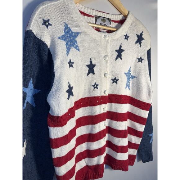 Vintage USA Flag Cardigan Sweater Stars Stripes Patriotic Cottagecore L - Picture 2 of 9
